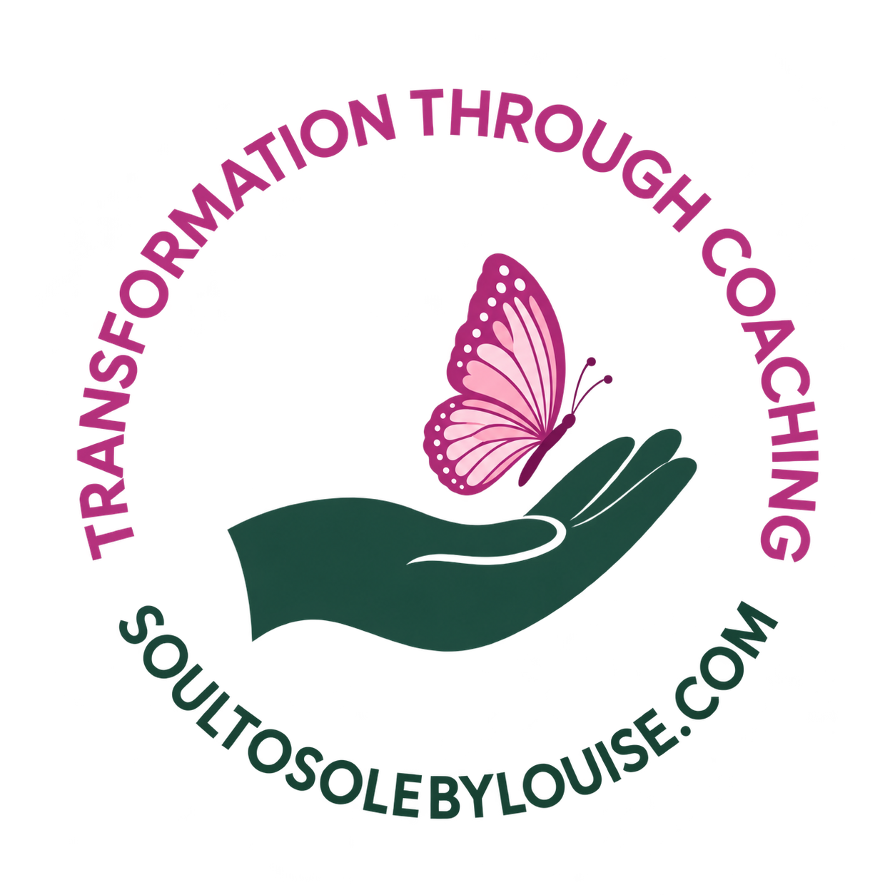 Transformation Through Coaching — a pink butterfly above a supporting green hand. soultosolebylouise.com