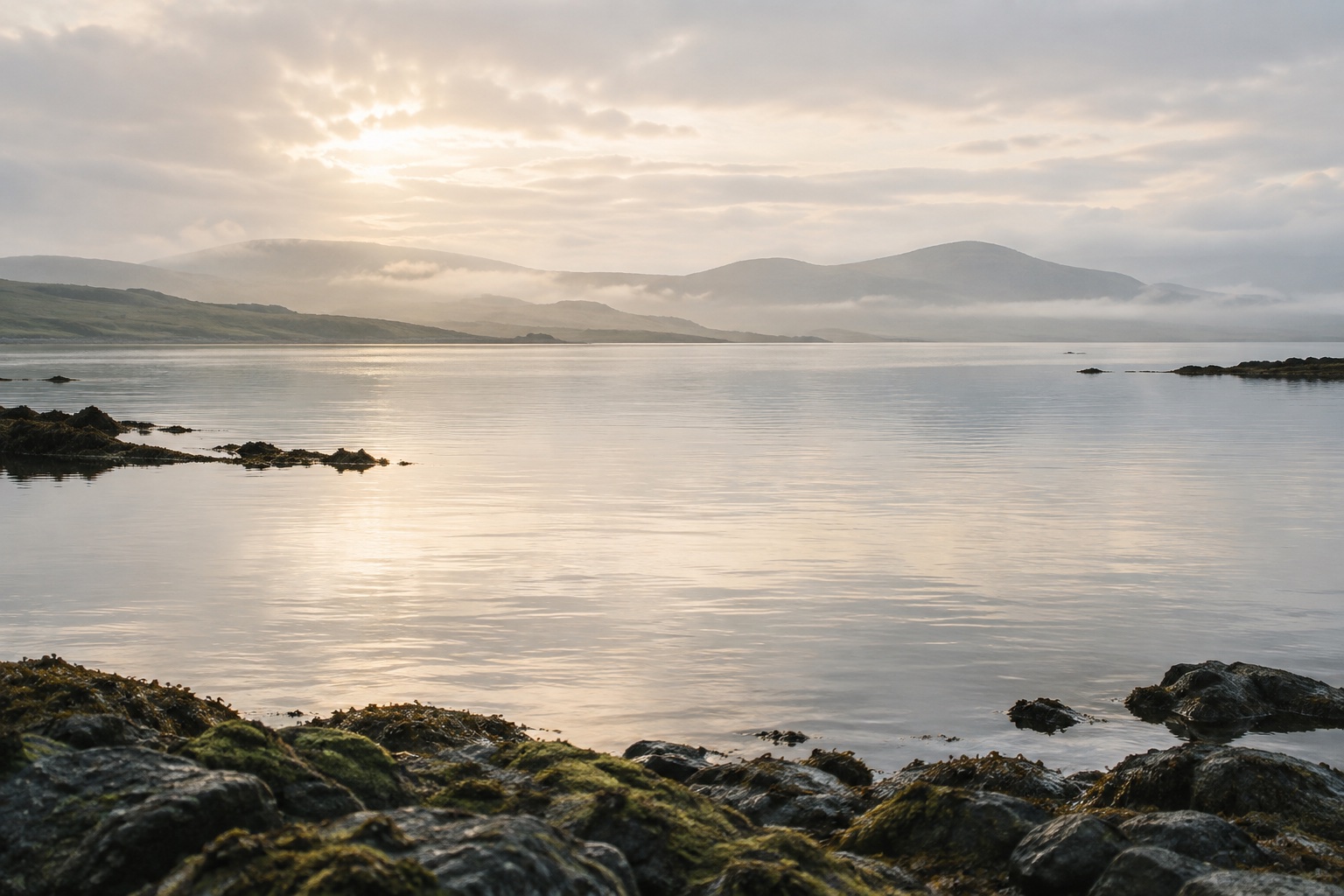 Quiet water, misty hills and a softly lit shoreline
